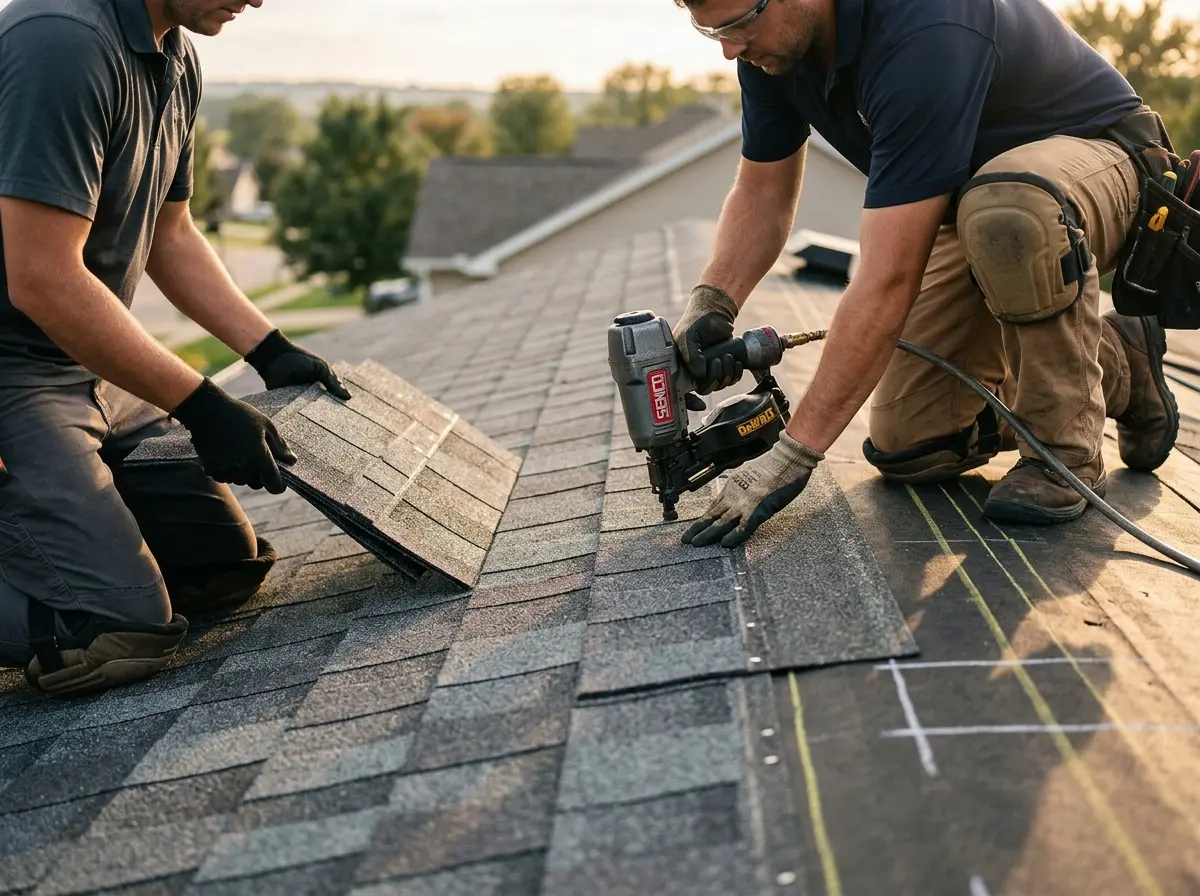 Professional roofer working on a residential roof in River Falls